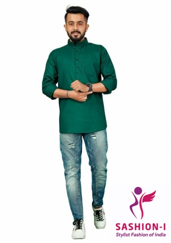 Men's Stylish Full Sleeve Short Kurta - Bottle Green